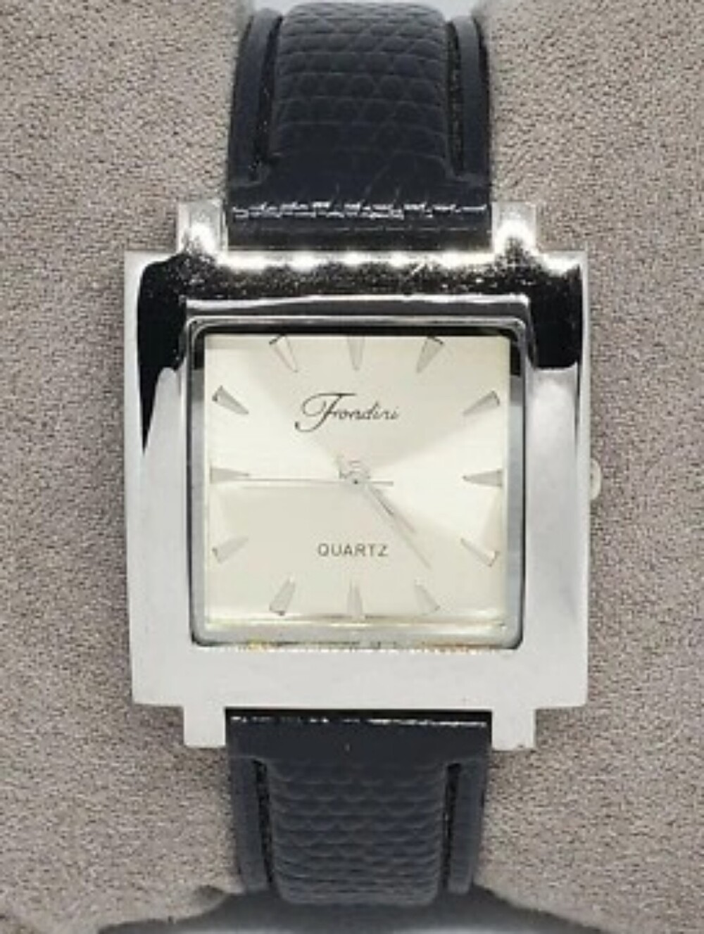 Square Silver Tone Quartz Watch with Black Leather Strap